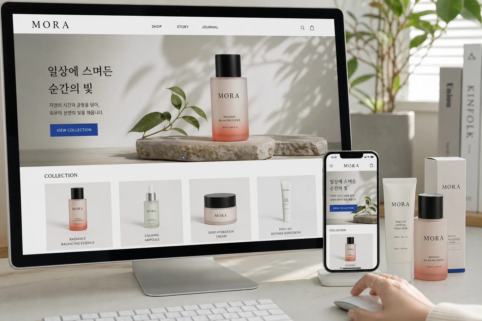 완성된 가상 뷰티 브랜드 웹사이트가 데스크톱과 모바일에 반응형으로 표시된 모습